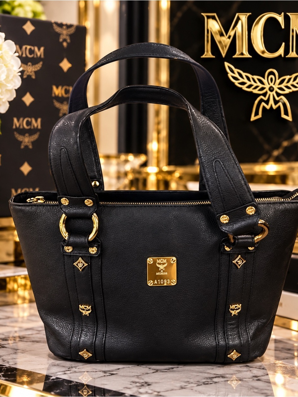 MCM Black Leather Tote with Gold Hardware